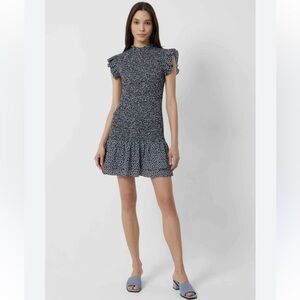 French Connection Elao Verona Crepe Smocked Navy Floral Print Dress Large NWOT